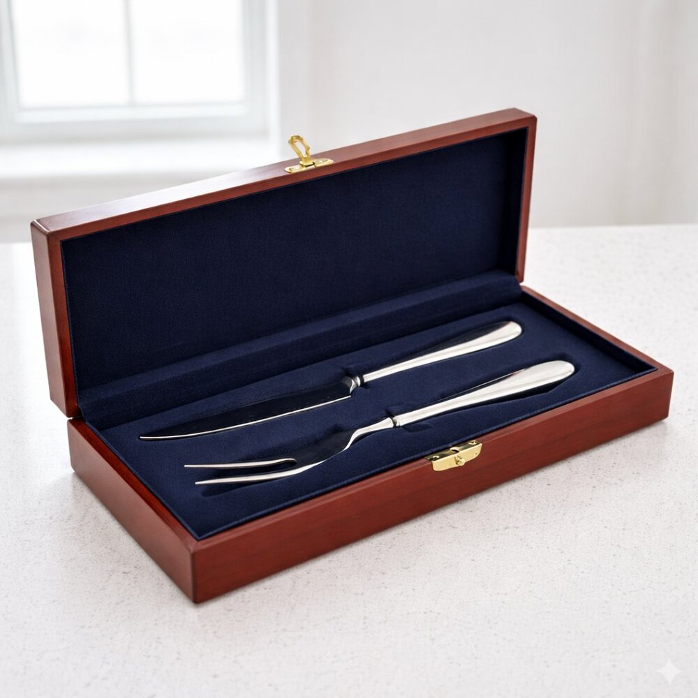 Stainless Steel Carving Knife & Fork Set with Velvet-Lined Wooden Box